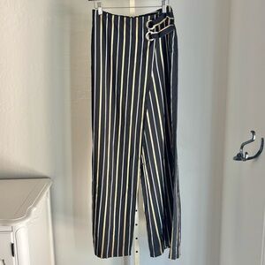 Lulumari Black Striped Wide Leg Pants with Waist Accent, Small